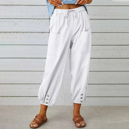 Women's Wide Leg Drawstring Capri Pants High Waist Elastic Casual Cotton Linen Summer Beach Vacation Pants | Boho Capri