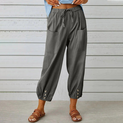 Women's Wide Leg Drawstring Capri Pants High Waist Elastic Casual Cotton Linen Summer Beach Vacation Pants | Boho Capri