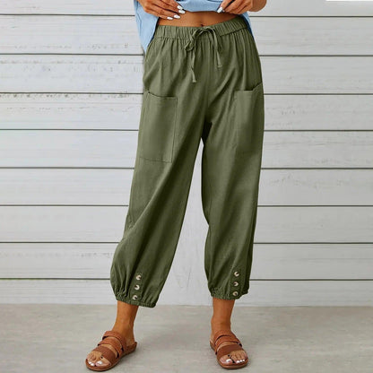 Women's Wide Leg Drawstring Capri Pants High Waist Elastic Casual Cotton Linen Summer Beach Vacation Pants | Boho Capri