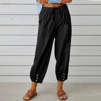 Women's Wide Leg Drawstring Capri Pants High Waist Elastic Casual Cotton Linen Summer Beach Vacation Pants | Boho Capri