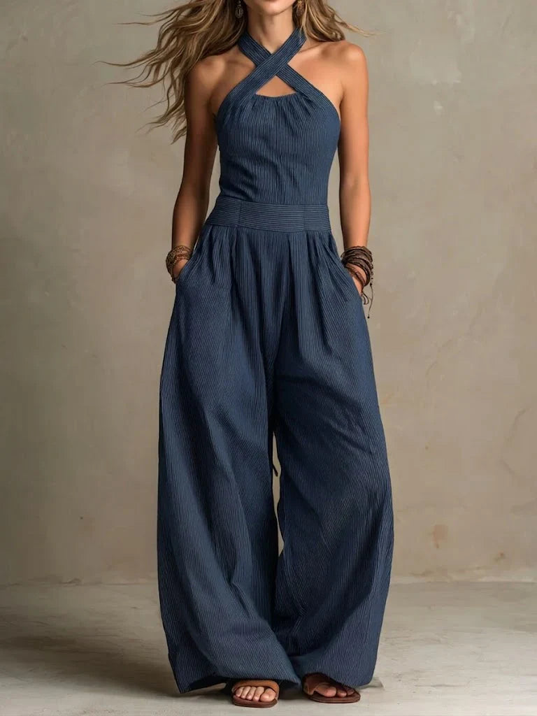 Women's Wide Leg Jumpsuit Crossover V-Neck Elegant Flowy Palazzo Pants Summer Vacation Evening Outfit - Seldom Seen Styles