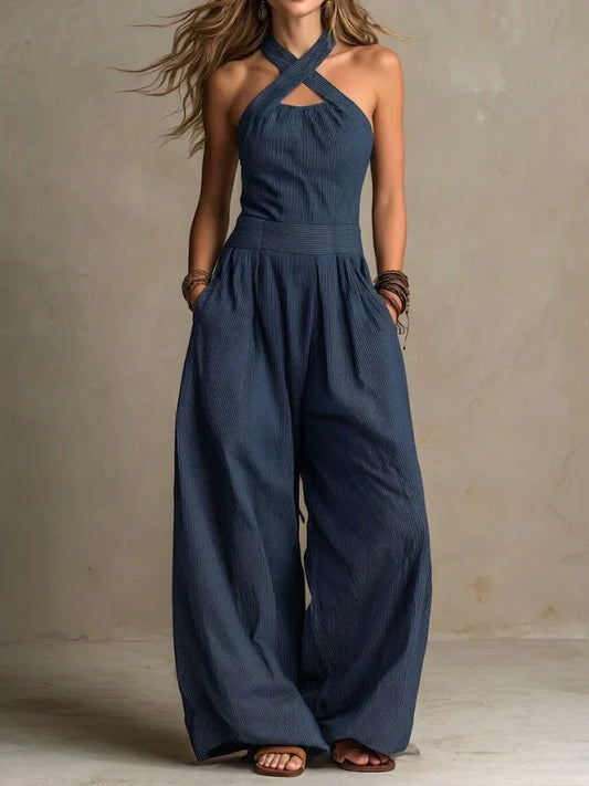 Women's Wide Leg Jumpsuit Crossover V-Neck Elegant Flowy Palazzo Pants Summer Vacation Evening Outfit - Seldom Seen Styles