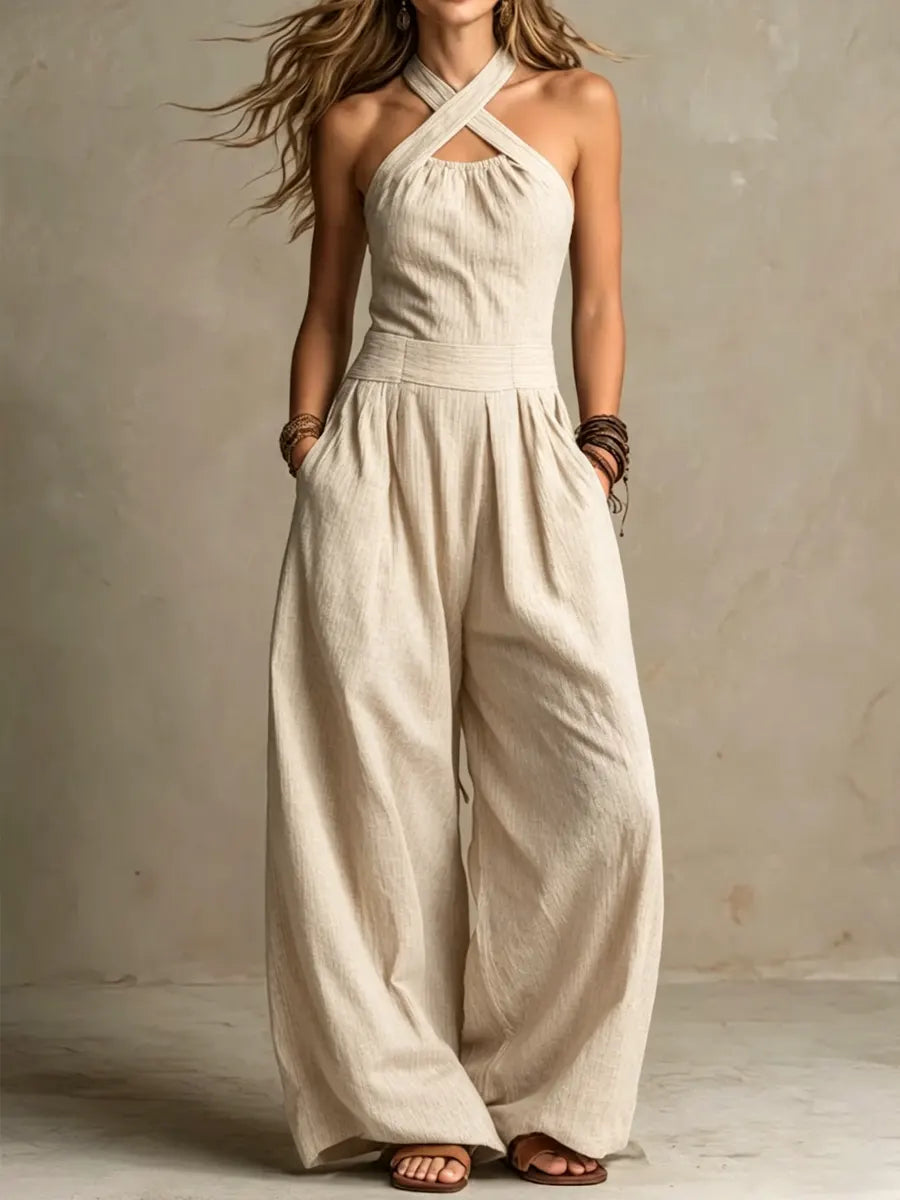 Women's Wide Leg Jumpsuit Crossover V-Neck Elegant Flowy Palazzo Pants Summer Vacation Evening Outfit - Seldom Seen Styles