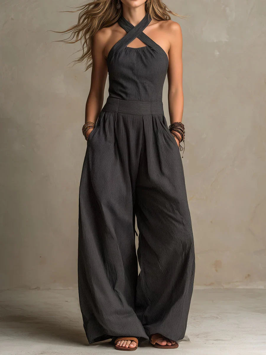 Women's Wide Leg Jumpsuit Crossover V-Neck Elegant Flowy Palazzo Pants Summer Vacation Evening Outfit - Seldom Seen Styles