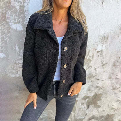 Damen Winter Kunstpelzmäntel Langarm Revers Button-Down-Taschen Fleece Sherpa Jacke Lässige trendige Oberbekleidung