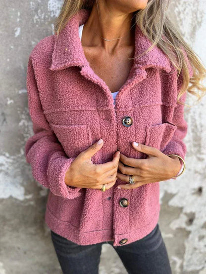 Damen Winter Kunstpelzmäntel Langarm Revers Button-Down-Taschen Fleece Sherpa Jacke Lässige trendige Oberbekleidung