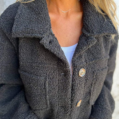 Damen Winter Kunstpelzmäntel Langarm Revers Button-Down-Taschen Fleece Sherpa Jacke Lässige trendige Oberbekleidung