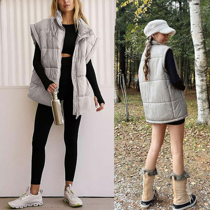 Gilet surdimensionné d'hiver pour femme, léger, col montant, sans manches, isolant, matelassé, doudoune avec poches, vêtement d'extérieur décontracté, fermeture éclair, noir, ajusté, minimaliste
