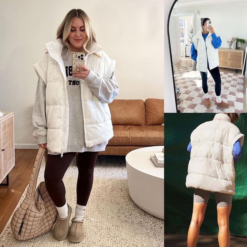 Women's Winter Oversized Puffer Vest Lightweight Stand Collar Flysleeve Insulated Padded Puffy Jackets Coat with Pockets Outerwear Casual Zipper Tops Black Fitted Minimalist - Seldom Seen Styles