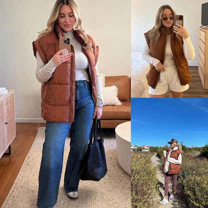 Gilet surdimensionné d'hiver pour femme, léger, col montant, sans manches, isolant, matelassé, doudoune avec poches, vêtement d'extérieur décontracté, fermeture éclair, noir, ajusté, minimaliste