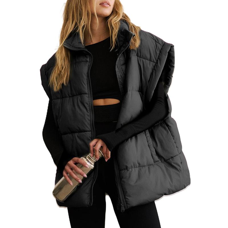 Women's Winter Oversized Puffer Vest Lightweight Stand Collar Flysleeve Insulated Padded Puffy Jackets Coat with Pockets Outerwear Casual Zipper Tops Black Fitted Minimalist - Seldom Seen Styles