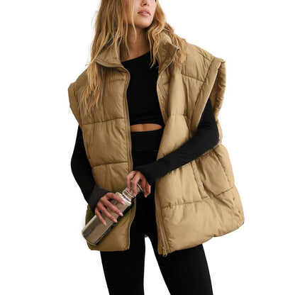 Gilet surdimensionné d'hiver pour femme, léger, col montant, sans manches, isolant, matelassé, doudoune avec poches, vêtement d'extérieur décontracté, fermeture éclair, noir, ajusté, minimaliste