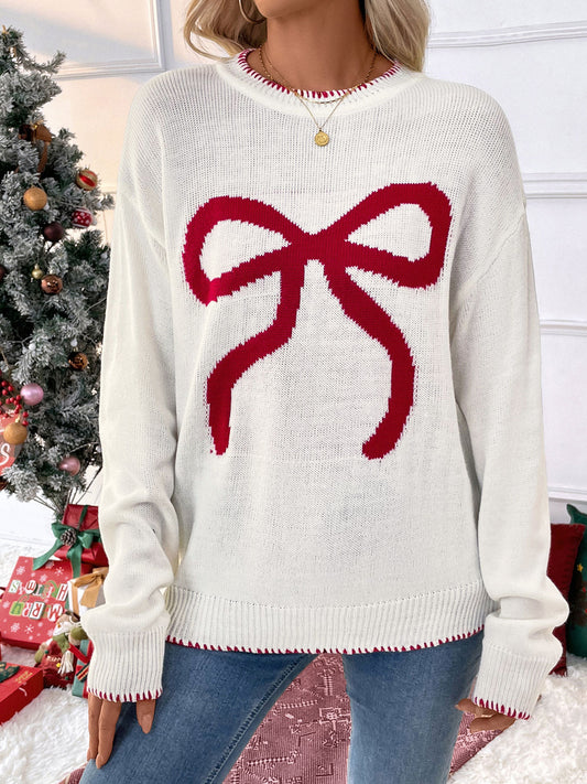 Women's Y2K Bow Print Knit Sweater Crew Neck Long Sleeve Knitted Pullover Loose Knit Christmas Trendy Sweater - Seldom Seen Styles