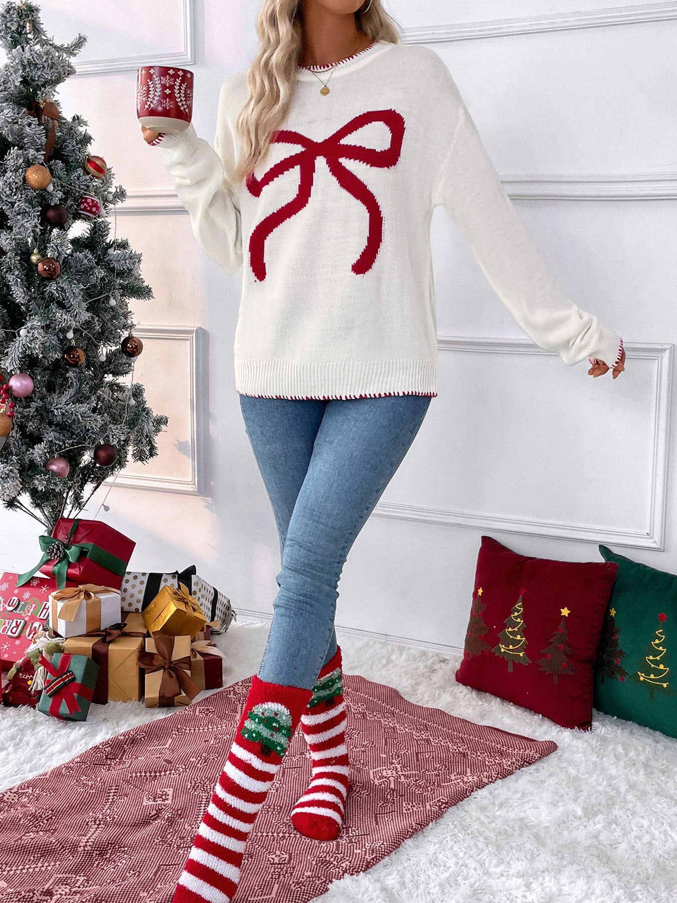 Women's Y2K Bow Print Knit Sweater Crew Neck Long Sleeve Knitted Pullover Loose Knit Christmas Trendy Sweater - Seldom Seen Styles