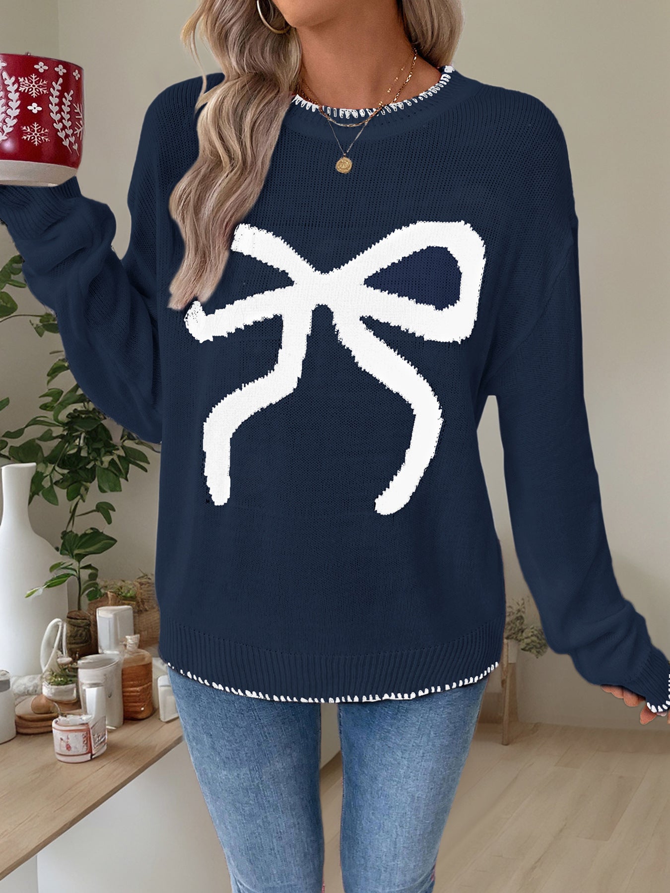 Women's Y2K Bow Print Knit Sweater Crew Neck Long Sleeve Knitted Pullover Loose Knit Christmas Trendy Sweater - Seldom Seen Styles