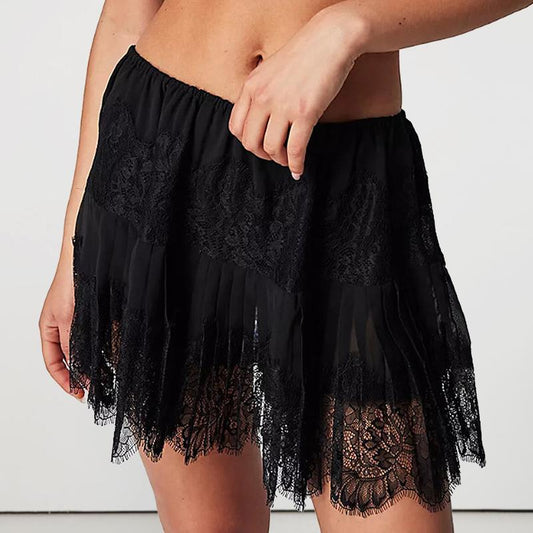 Women's Y2K Floral Lace Mini Skirt Pleated Tiered Ruffle Slip Skirt Summer Vacation Outfit - Seldom Seen Styles
