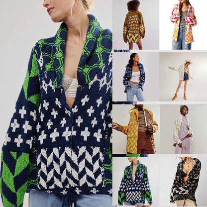 Women's Y2K Knit Cardigan Oversized Geometric Sweater Jacket Vintage Style