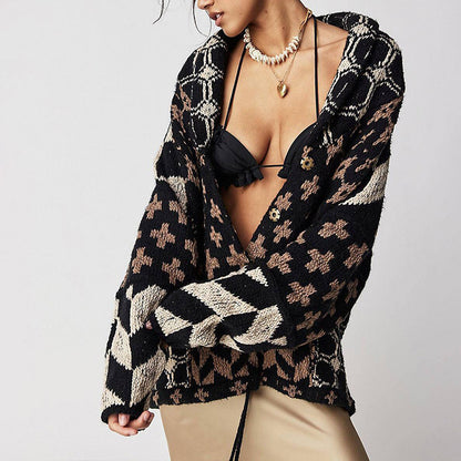 Women's Y2K Knit Cardigan Oversized Geometric Sweater Jacket Vintage Style