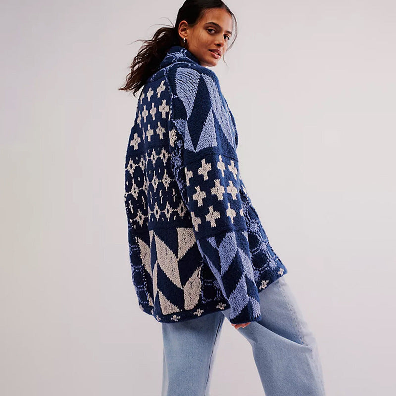 Women's Y2K Knit Cardigan Oversized Geometric Sweater Jacket Vintage Style - Seldom Seen Styles