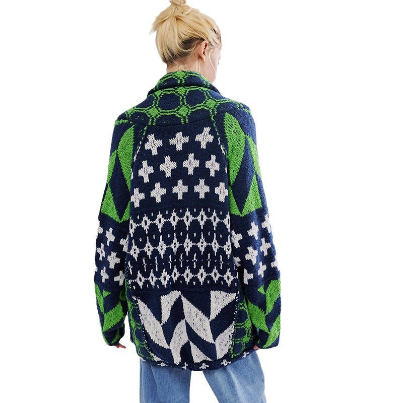 Women's Y2K Knit Cardigan Oversized Geometric Sweater Jacket Vintage Style - Seldom Seen Styles