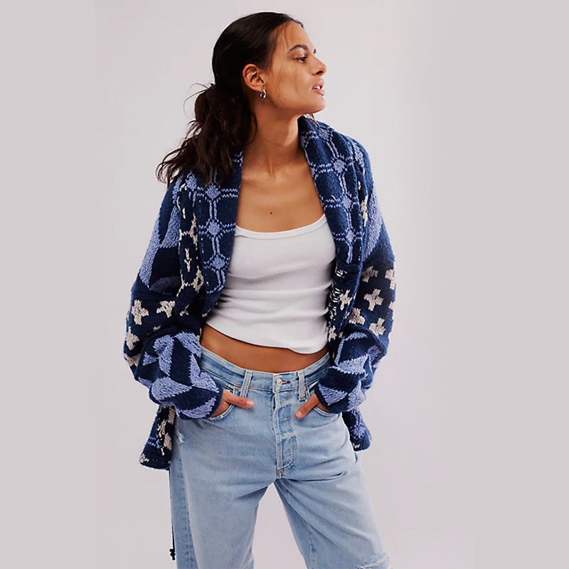 Women's Y2K Knit Cardigan Oversized Geometric Sweater Jacket Vintage Style - Seldom Seen Styles