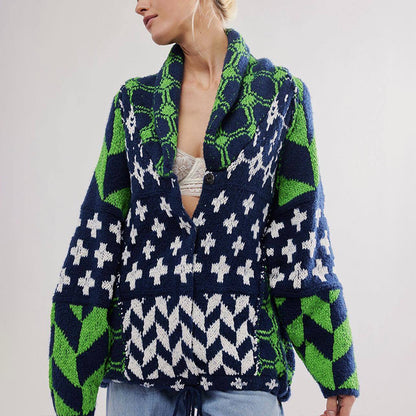 Women's Y2K Knit Cardigan Oversized Geometric Sweater Jacket Vintage Style