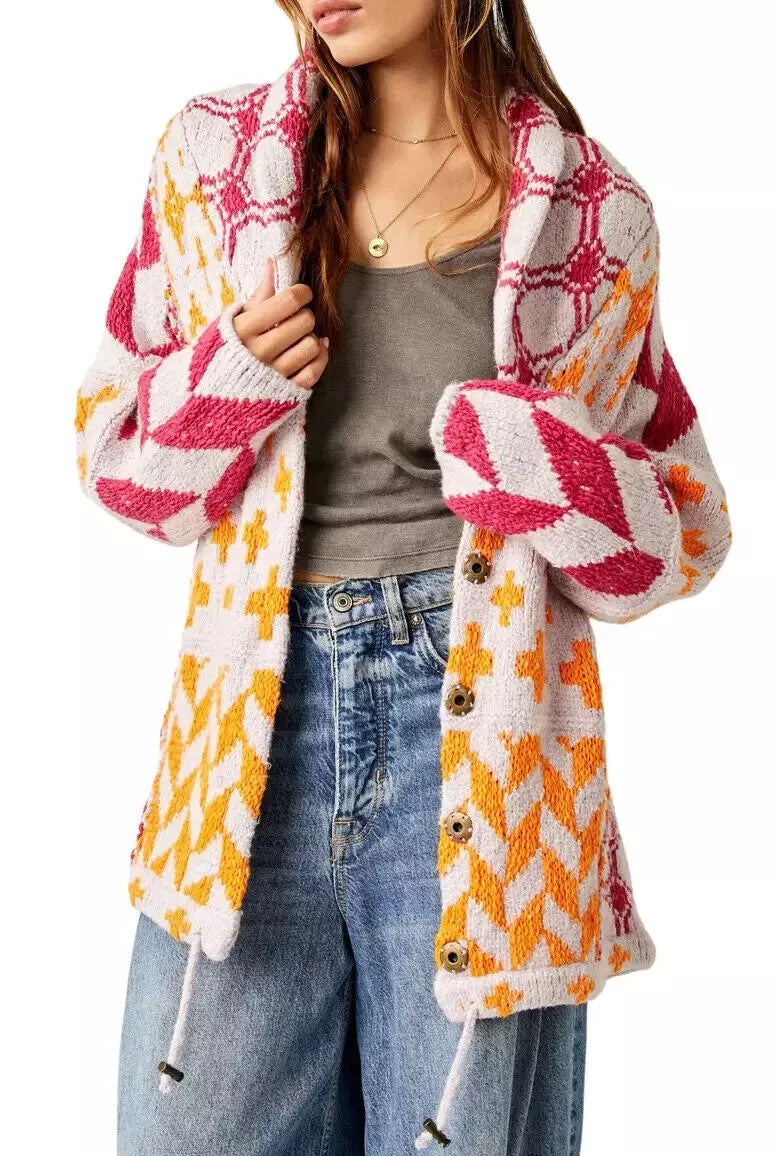 Women's Y2K Knit Cardigan Oversized Geometric Sweater Jacket Vintage Style - Seldom Seen Styles
