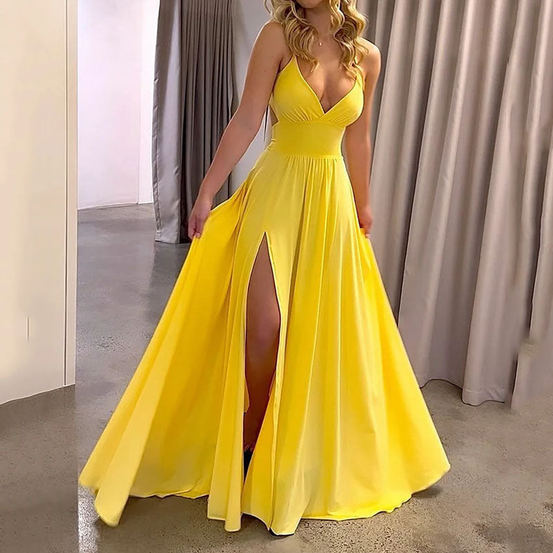 Women's Yellow Maxi Dress Backless V Neck Spaghetti Strap Split Party Dress - Seldom Seen Styles