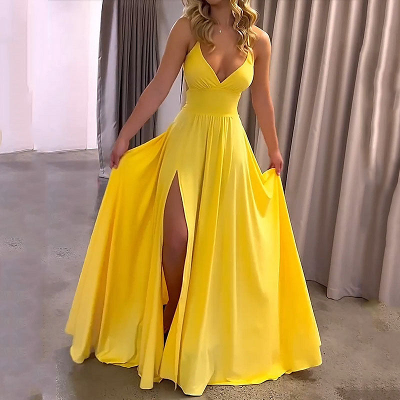 Women's Yellow Maxi Dress Backless V Neck Spaghetti Strap Split Party Dress - Seldom Seen Styles