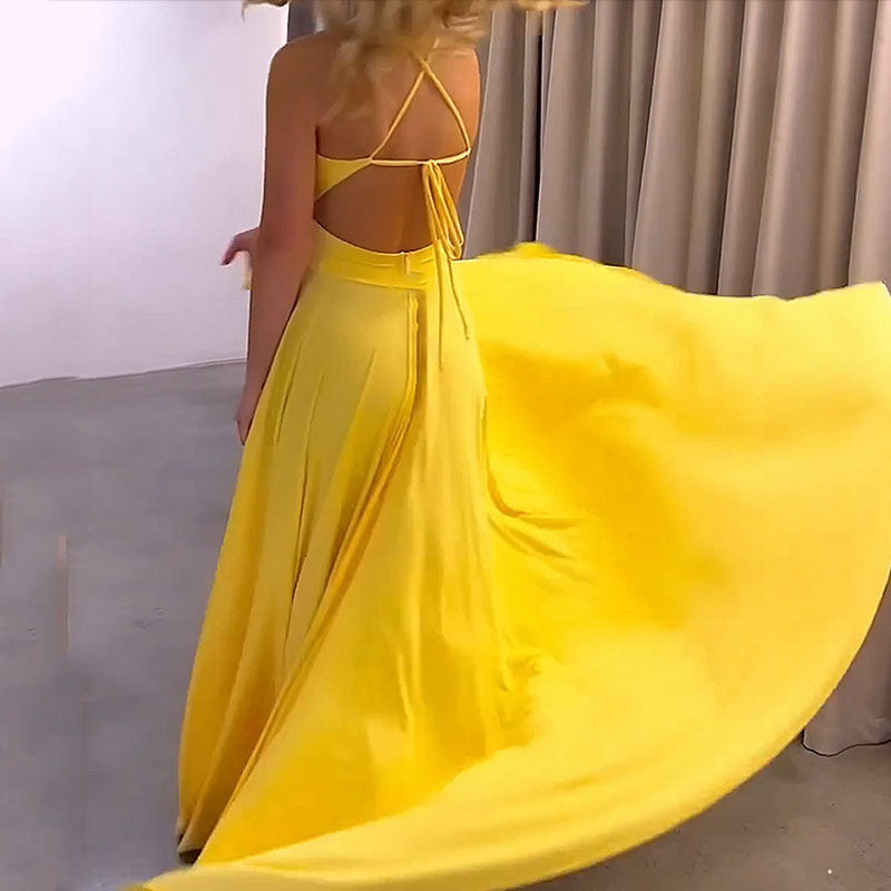 Women's Yellow Maxi Dress Backless V Neck Spaghetti Strap Split Party Dress - Seldom Seen Styles