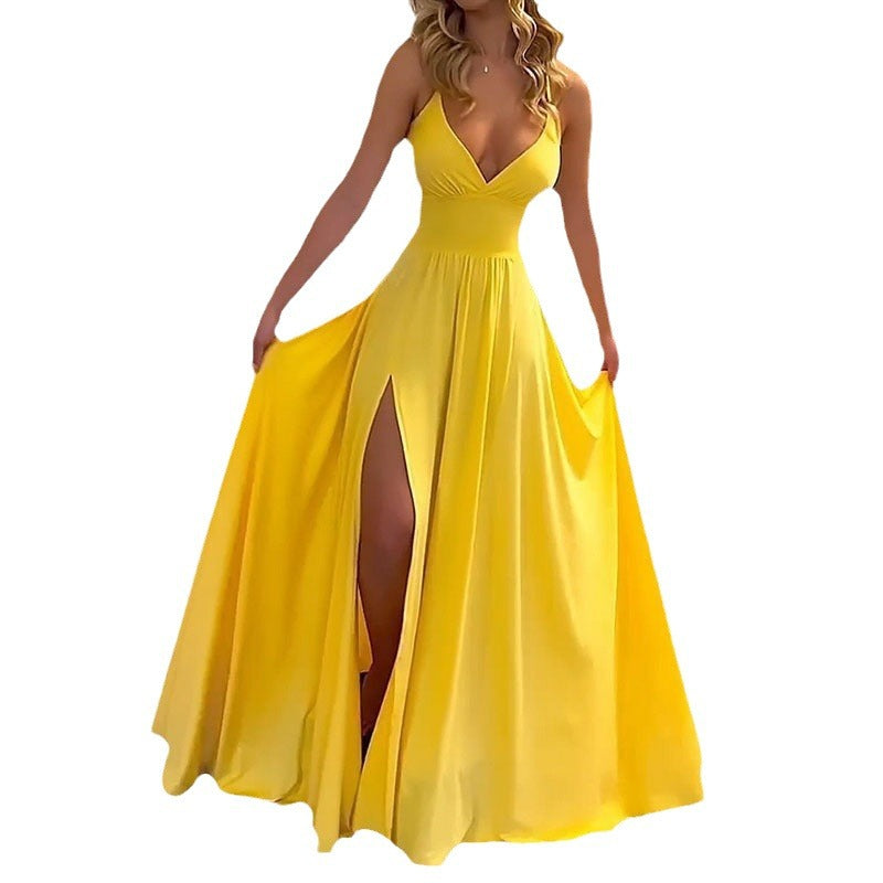 Women's Yellow Maxi Dress Backless V Neck Spaghetti Strap Split Party Dress - Seldom Seen Styles