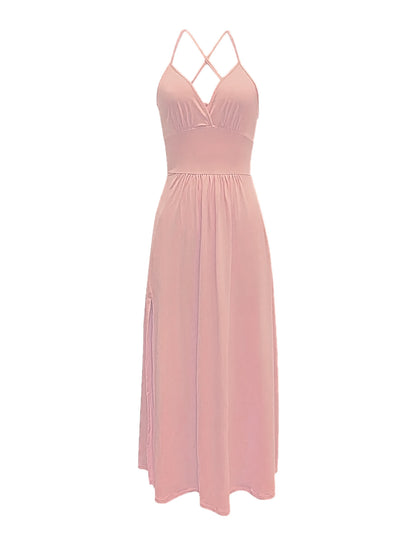 Women's Yellow Maxi Dress Backless V Neck Spaghetti Strap Split Party Dress
