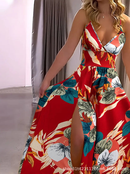 Women's Yellow Maxi Dress Backless V Neck Spaghetti Strap Split Party Dress