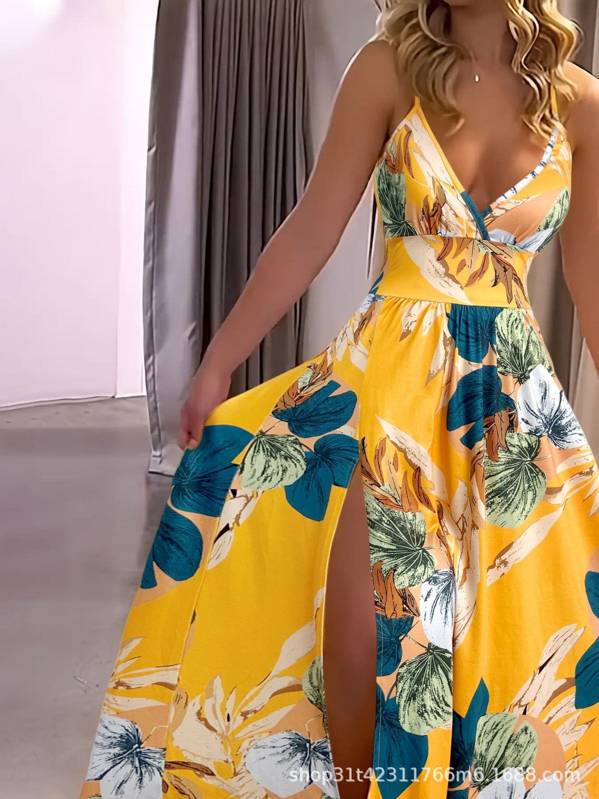 Women's Yellow Maxi Dress Backless V Neck Spaghetti Strap Split Party Dress - Seldom Seen Styles