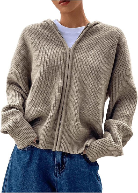Women's Zip Up Hooded Cardigan Sweater Knitted Drop Shoulder Fall Hoodies Outerwear - Seldom Seen Styles