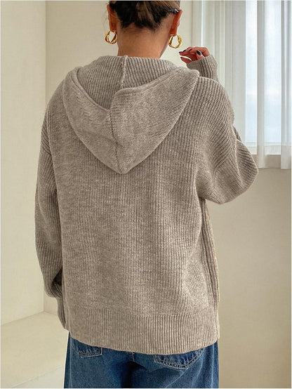 Damen Strickjacke mit Reißverschluss, Kapuze, überschnittenen Ärmeln, Herbst-Hoodie, Oberbekleidung