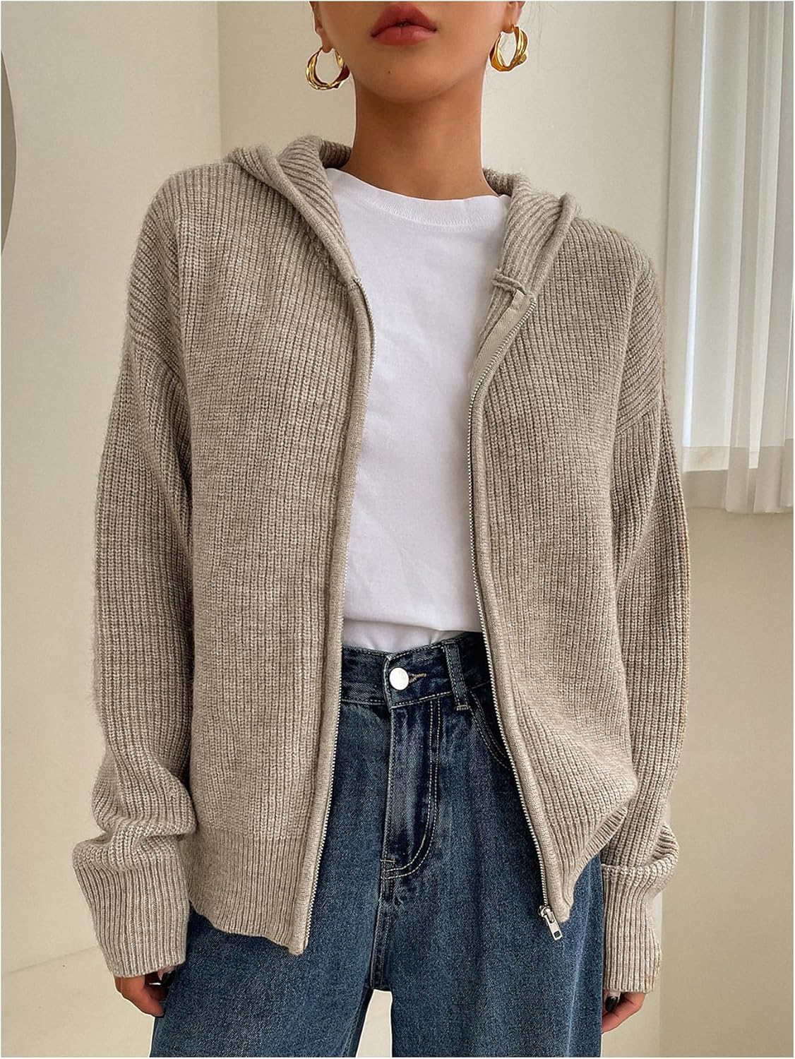Women's Zip Up Hooded Cardigan Sweater Knitted Drop Shoulder Fall Hoodies Outerwear - Seldom Seen Styles