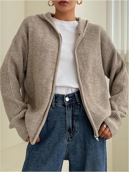 Damen Strickjacke mit Reißverschluss, Kapuze, überschnittenen Ärmeln, Herbst-Hoodie, Oberbekleidung