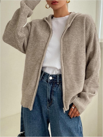 Damen Strickjacke mit Reißverschluss, Kapuze, überschnittenen Ärmeln, Herbst-Hoodie, Oberbekleidung