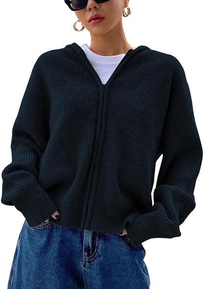Damen Strickjacke mit Reißverschluss, Kapuze, überschnittenen Ärmeln, Herbst-Hoodie, Oberbekleidung