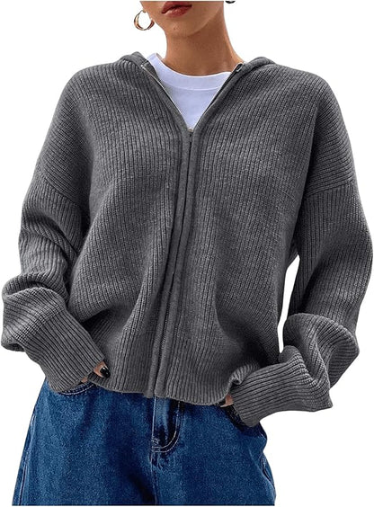 Damen Strickjacke mit Reißverschluss, Kapuze, überschnittenen Ärmeln, Herbst-Hoodie, Oberbekleidung