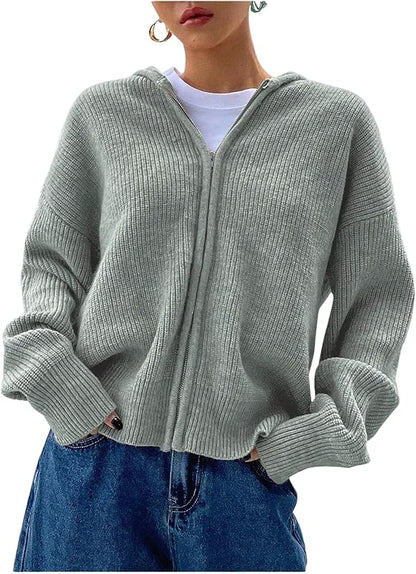 Damen Strickjacke mit Reißverschluss, Kapuze, überschnittenen Ärmeln, Herbst-Hoodie, Oberbekleidung
