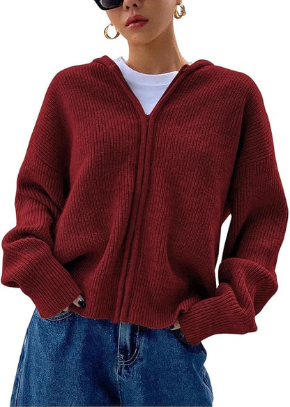 Damen Strickjacke mit Reißverschluss, Kapuze, überschnittenen Ärmeln, Herbst-Hoodie, Oberbekleidung