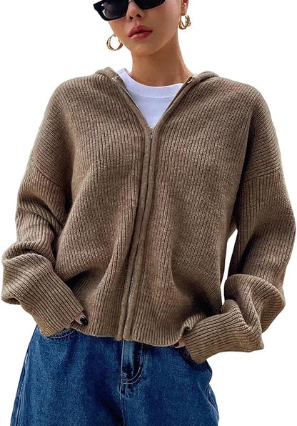 Damen Strickjacke mit Reißverschluss, Kapuze, überschnittenen Ärmeln, Herbst-Hoodie, Oberbekleidung