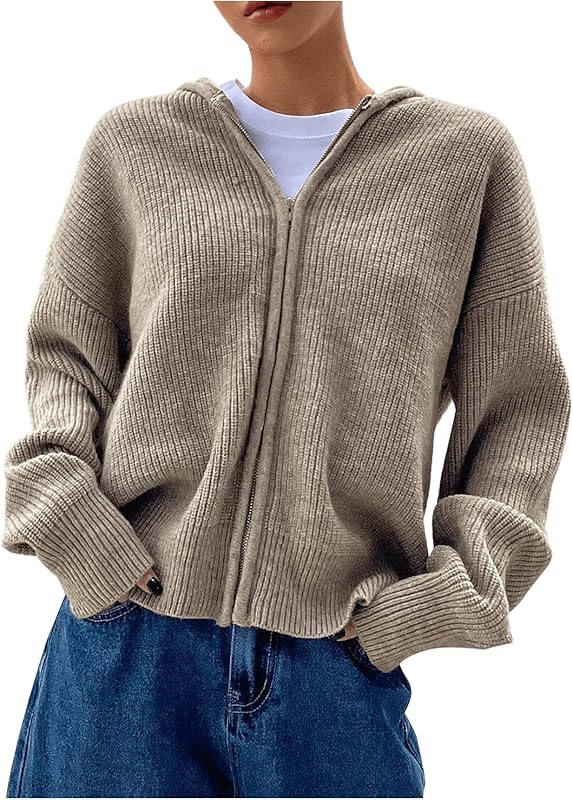 Women's Zip Up Hooded Cardigan Sweater Knitted Drop Shoulder Fall Hoodies Outerwear - Seldom Seen Styles