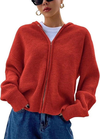 Damen Strickjacke mit Reißverschluss, Kapuze, überschnittenen Ärmeln, Herbst-Hoodie, Oberbekleidung