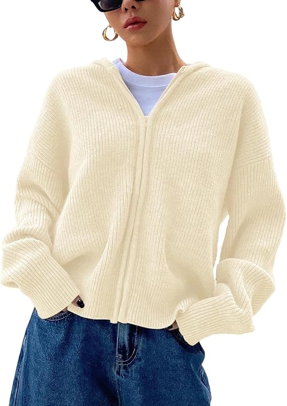 Women's Zip Up Hooded Cardigan Sweater Knitted Drop Shoulder Fall Hoodies Outerwear - Seldom Seen Styles