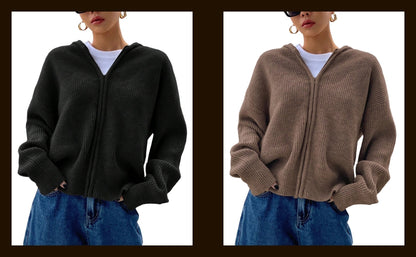 Damen Strickjacke mit Reißverschluss, Kapuze, überschnittenen Ärmeln, Herbst-Hoodie, Oberbekleidung