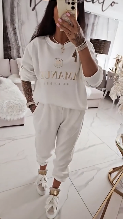 Ensemble décontracté femme, haut imprimé et pantalon ample