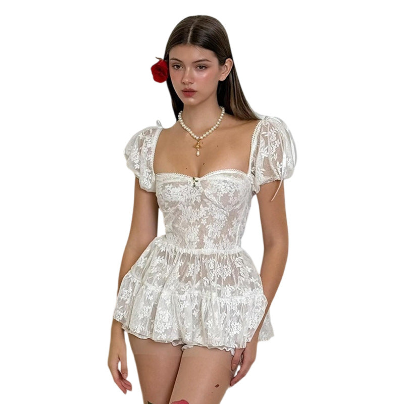 Women's clothing summer new sweet celebrity mesh waist bubble sleeve short-sleeved dress - Seldom Seen Styles